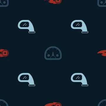 Set Wheel in fire flame, Speedometer and Car mirror on seamless pattern. Vector Illustrazione stock
