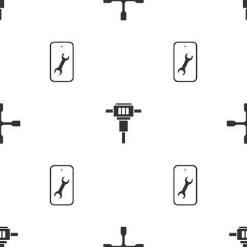 Set Wheel wrench, Construction jackhammer and Mobile service on seamless pattern 스톡 일러스트