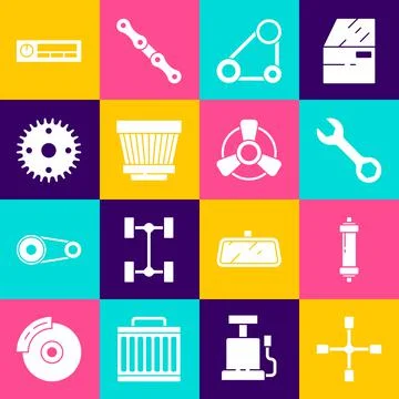 Set Wheel wrench, Shock absorber, Wrench spanner, Timing belt kit, Car air fi Stock Illustration
