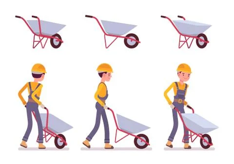 Set of wheelbarrow and builder Stock Illustration