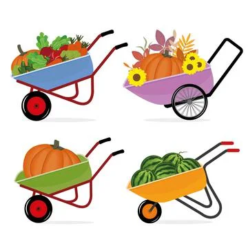 A set of wheelbarrow with a crop of vegetables, vector isolated illustration Stock Illustration
