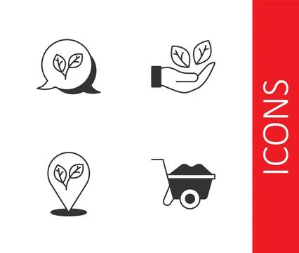 Set Wheelbarrow, Leaf, Location with leaf and in hand icon. Vector Illustrazione stock