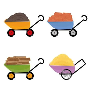 Set of Wheelbarrow with various materials brick, hay, firewood and earth, vec Stock Illustration