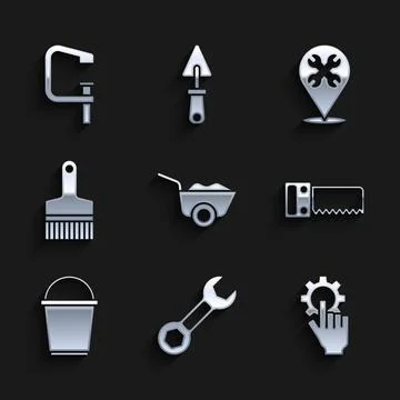 Set Wheelbarrow, Wrench spanner, Settings in the hand, Hand saw, Bucket, Pa.. Ilustración de archivo