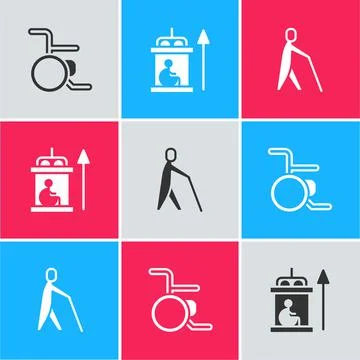 Set Wheelchair, Elevator for disabled and Blind human holding stick icon. Vector Illustrazione stock