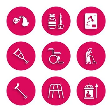 Set Wheelchair, Walker, Elevator for disabled, Grandmother, Walking stick cane 스톡 일러스트