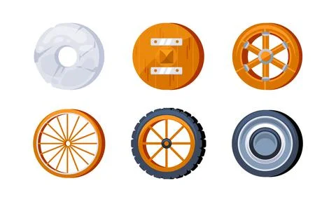 Set of wheels showing the evolution of this essential invention, from a simple Stock Illustration