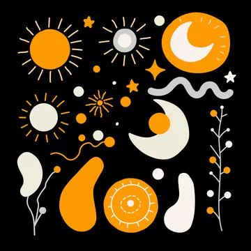 Set of whimsical abstract, solar and herbal design elements. Stock Illustration