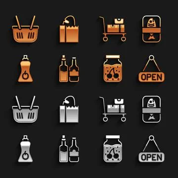 Set Whiskey bottle, Fish plastic tray container, Hanging sign with Open, Jam jar Stock Illustration