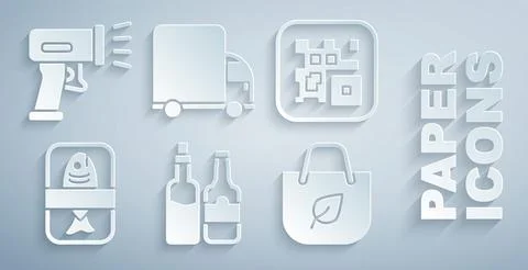 Set Whiskey bottle, QR code, Fish plastic tray container, Shopping bag with イラスト素材