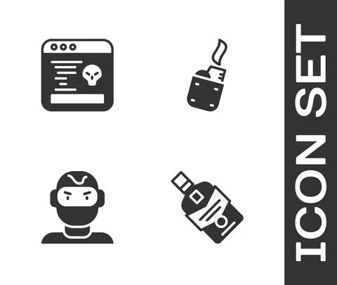 Set Whiskey bottle, System bug, Thief mask and Lighter icon. Vector 스톡 일러스트