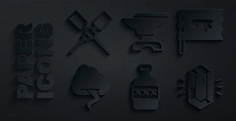 Set Whiskey bottle, Viking flag, Cloud and lightning, Gem stone, Anvil for Illustrazione stock