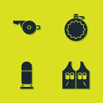 Set Whistle, Hunting jacket, Bullet and Canteen water bottle icon. Vector Illustrazione stock
