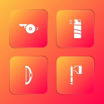 Set Whistle, Pepper spray, Bow and Wooden axe icon. Vector Illustration