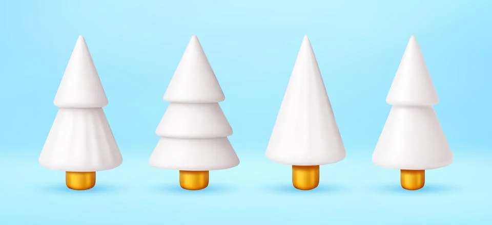 Set of white 3d winter trees with golden bases Stock Illustration