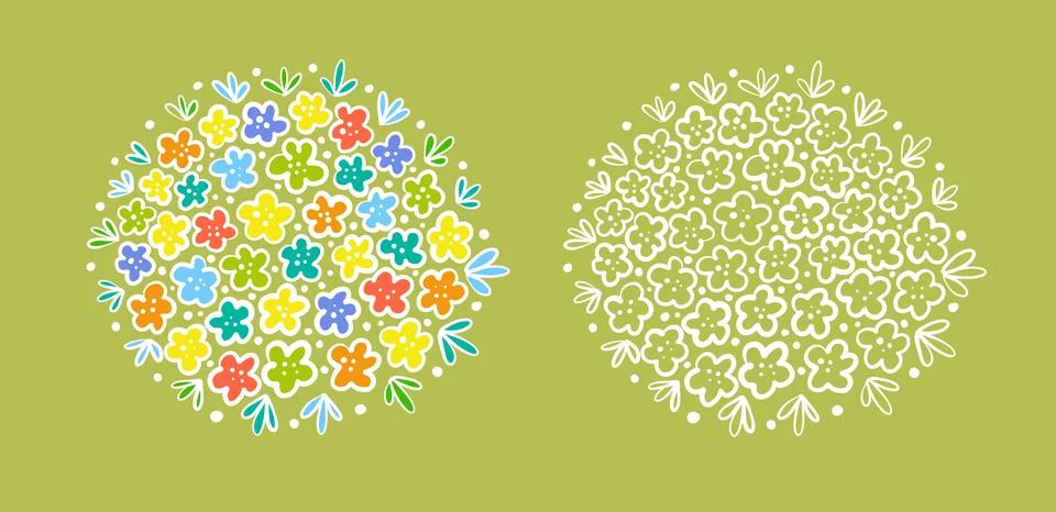 Set. White and colored spring flowers in a circle. Simple linear style. Stock Illustration