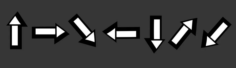 Set of white arrows in different directions on black background for the design Stock Illustration