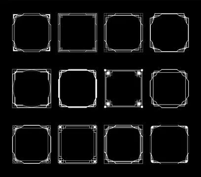Set of white art deco square ornament borders on black background. Retro phot Stock Illustration