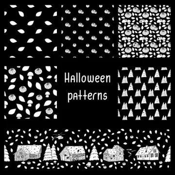 Set of white autumn Halloween patterns with houses, trees, pumpkins, spiders, Stock Illustration