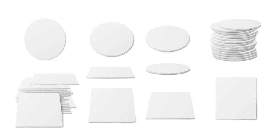 Set of white beer cup coasters a vector 3d realistic illustrations. Stock Illustration