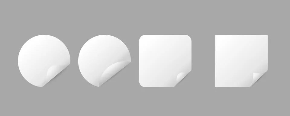 Set of White Blank Round and Square Sticker Mockups with Curled Corners on .. Stock Illustration