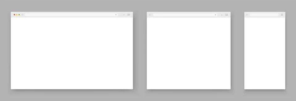 A set of white browser windows of different shapes on a dark background. Illustrazione stock