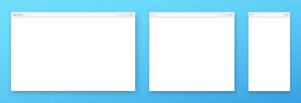 A set of white browser windows of different shapes on a blue background. Illustrazione stock