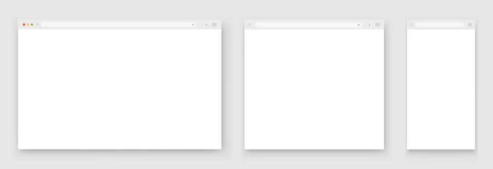 A set of white browser windows of different shapes on a light background. Illustrazione stock