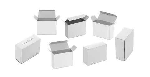 Set White carton boxes opened and closed isolated on white Stock Photos