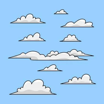 Set of white cartoon clouds in blue sky background. Stock Illustration