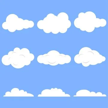 Set of white cartoon clouds icons on blue background vector flat illustration Stock Illustration