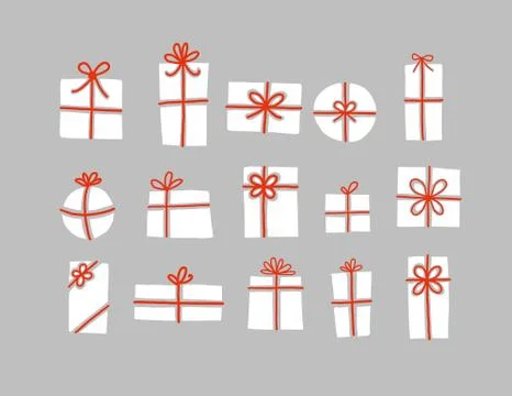 Set of white christmas gift boxes with red ribbons on grey background. Illustrazione stock