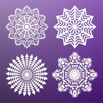 Set of white circular abstract patterns. Round vector ornament. Snowflake Stock Illustration