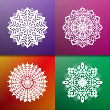Set of white circular abstract patterns. Round vector ornament. Snowflake Stock Illustration