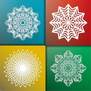 Set of white circular abstract patterns. Round vector ornament. Snowflake Stock Illustration