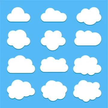 Set of white cloud icons in flat style isolated on blue background 스톡 일러스트
