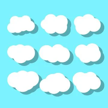 Set of white clouds and with shadows in flat style on light blue background. Stock Illustration