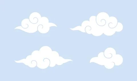 Set of white clouds in Asian style on blue background. Vector illustration Stock Illustration