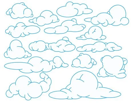 Set of white clouds with a blue line on a transparent background vector gra.. Stock Illustration