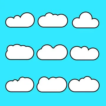 Set of white clouds with shadows in flat style on light blue background. Stock Illustration