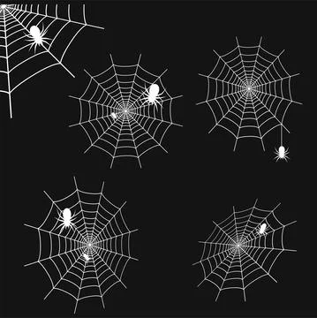 Set of white cobweb with spiders on black background. Spider web. Vector Stock Illustration