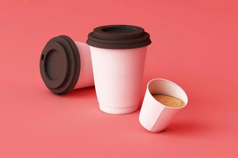 Set of white coffee cups on pink background. 3d rendering Stock Photos