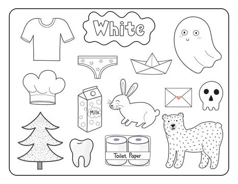 Set of white color objects. Primary colors flashcard with white elements Stock Illustration