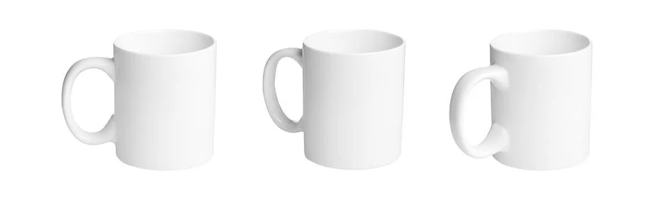 Set of white cups for tea or coffee on isolated white background Stock Photos