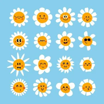 Set of white daisy chamomile icon emoji set. Funny kawaii flower cartoon ch.. Stock-Illustration