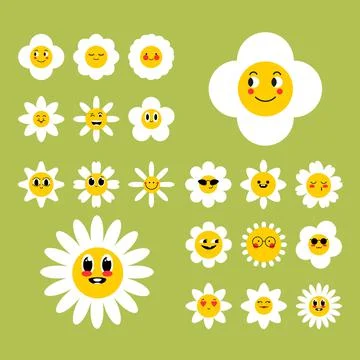Set of White daisy or chamomile with cute and funny emoji face.Isolated. 库存插图