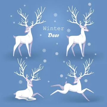 Set of white deer on different poses on blue background. Cartoon vector illus Stock Illustration
