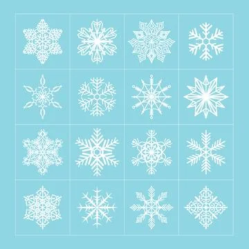 Set of White Delicate Snowflackes. Vector Snowflackes on blue background. Stock Illustration