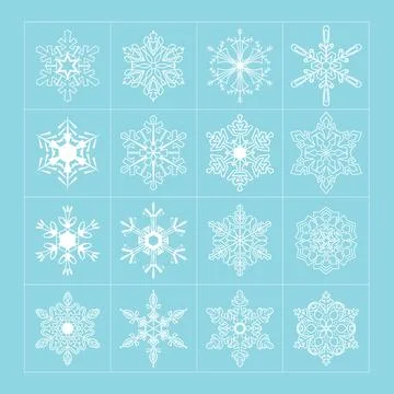 Set of White Delicate Snowflackes. Vector Snowflackes on blue background. Stock Illustration