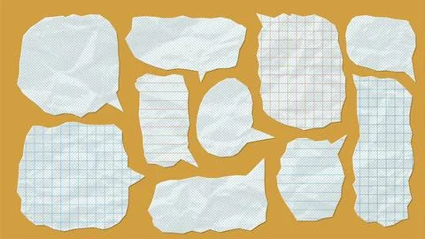 Set of white dialogue bubbles made from crumpled paper with math lines notebook Illustrazione stock